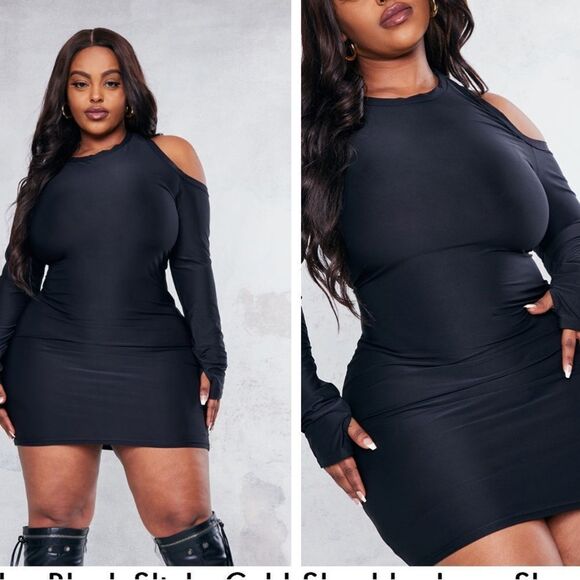 PrettyLittleThing Plus Black Slinky Long Sleeve Bodycon Dress Sz 22 NWT‎ IN PKG - Picture 2 of 3